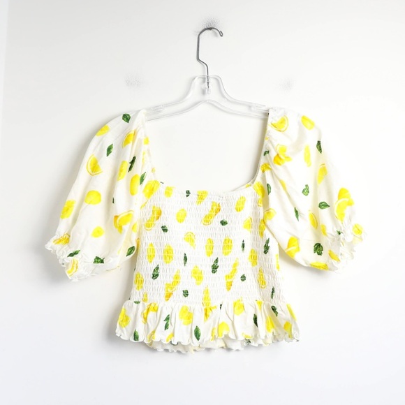 NWT Forever 21 Smocked Lemon Print cropped top cottagecore 100% cotton S novelty - Picture 5 of 9